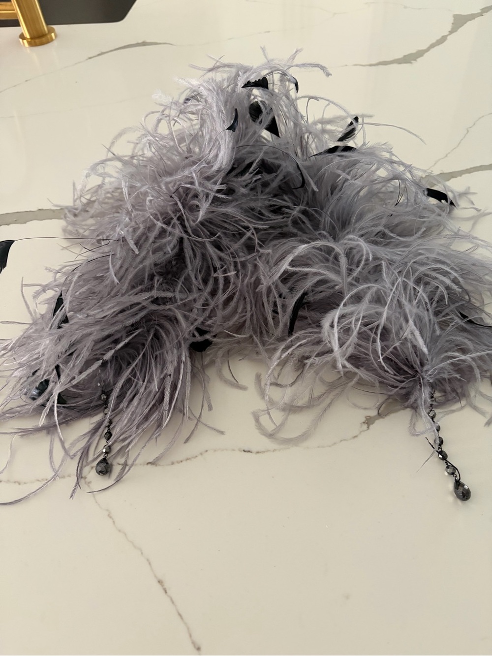 Feather-Trim Wrap in Light Gray - Elegant Evening Scarf